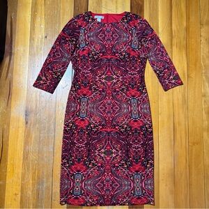 London Times Red Geometric Print 3/4 Sleeve Lined Midi Dress Sz 10